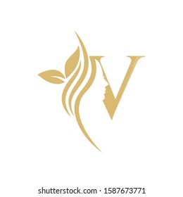 V Vector abstract logo, branding design templates in trendy linear minimal style, emblem for beauty studio and cosmetics - female portrait, beautiful woman's face - badge for make up artist, fashion