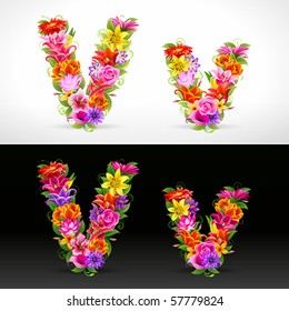 V, vector colorful flower font