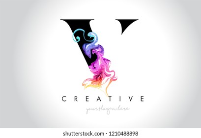 V Vibrant Creative Letter Logo Design With Colorful Smoke Ink Flowing Vector Illustration.