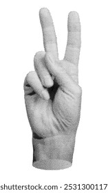 V for victory, hand sign. Halftone style vector isolated on white background.