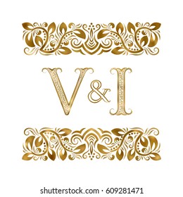 V and I vintage initials logo symbol. The letters are surrounded by ornamental elements. Wedding or business partners monogram in royal style.