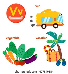 V vocabulary cartoon set with van, vegetable and vacation isolated on white background, illustration, vector