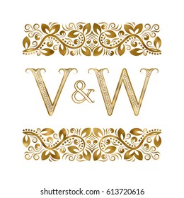 V and W vintage initials logo symbol. The letters are surrounded by ornamental elements. Wedding or business partners monogram in royal style.