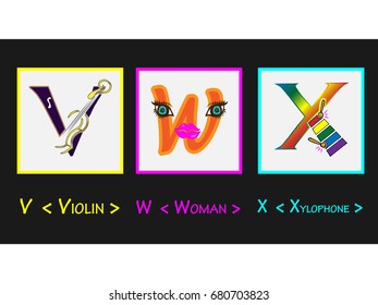 V W X letter / Character letter.
The complete children english alphabet.
English alphabet for kids with Animal Food and fruit. Wall chart for kids language learning. ABC cards for toddlers.