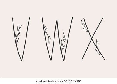 V, W and X letter set of a simple alphabet with floral elements.