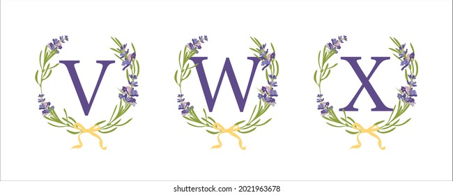 V W X letter. Set modern hand-drawn flat sketch illustrations. Lavender flower wreath with alphabet monogram. good idea for wedding art decor. Vintage vector typographic emblem, logo, label design