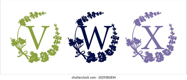 V W X letter. Set modern hand-drawn silhouette sketch illustrations Lavender flower wreath with alphabet monogram. good idea for wedding art decor Vintage vector typographic emblem, logo, label design