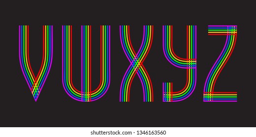 V, W, X, Y, Z multicolored lines letters. Isolated stylish font.