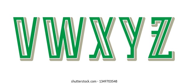 V, W, X, Y, Z green gray letters. Urban artistic font.