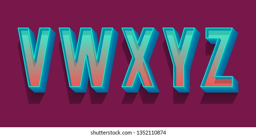 V, W, X, Y, Z volumetric blue red letters. Urban 3d retro font.