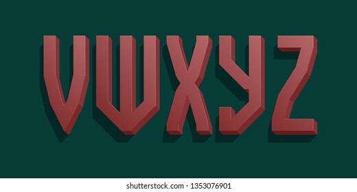 V, W, X, Y, Z red volumetric letters. Urban 3d retro font.