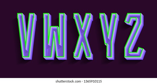 V, W, X, Y, Z purple green luminous letters. 3d urban font.
