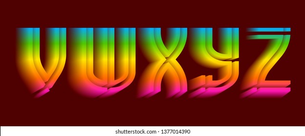 V, W, X, Y, Z iridescent letters. Thrilling vibrant font.