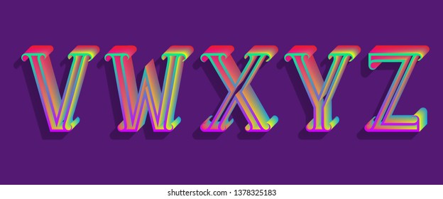 V, W, X, Y, Z iridescent letters. Vintage 3D font.