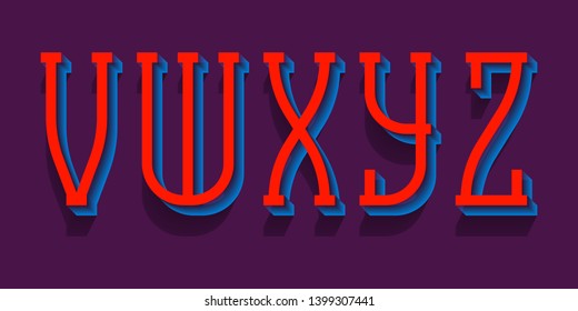 V, W, X, Y, Z illusive red blue letters. Urban 3d letters font.