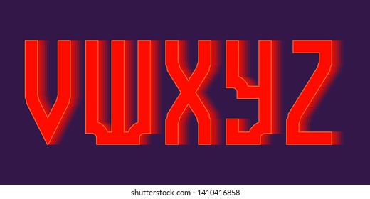 V, W, X, Y, Z red vibrant letters. Urban thrilling font.