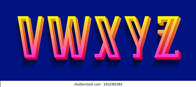 V, W, X, Y, Z yellow pink 3d letters. Volumetric gradient font.