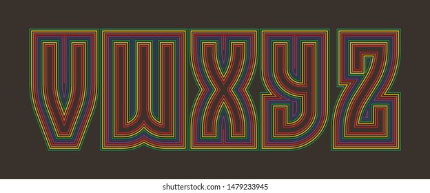 V, W, X, Y, Z multicolored lines letters. Isolated iridescent font.