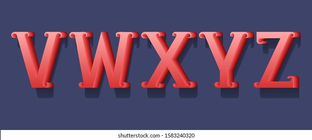 V, W, X, Y, Z red 3d letters with curly serifs. Volumetric retro font.