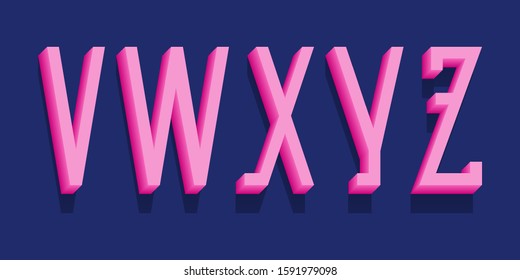 V, W, X, Y, Z pink 3d letters. Urban volumetric retro font.