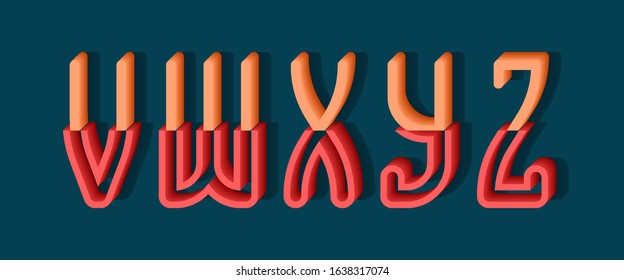 V, W, X, Y, Z orange red 3d letters of two parts. Urban volumetric font.