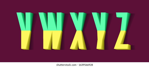 V, W, X, Y, Z yellow green 3d letters of two parts. Urban volumetric font.