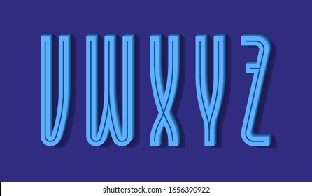 V, W, X, Y, Z blue high volumetric letters with middle groove. Stylish 3d font.