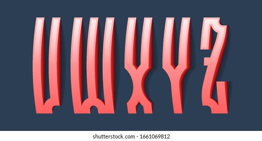 V, W, X, Y, Z red convex volumetric letters in old slavic style. High retro 3d font.
