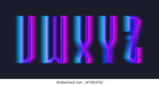 V, W, X, Y, Z stepped letters of blue pink gradient. Luminous display font.
