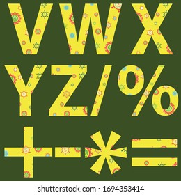 V W X Y Z alphabets and some basic mathematical symbols applied with simple virus drawing pattern background vector
