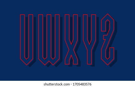 V, W, X, Y, Z red blue high angular letters with shifted stroke and shadow. Urban graphic font.