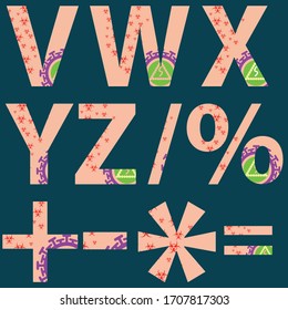 V W X Y Z alphabets and some basic mathematical symbols applied with simple virus and bio hazard drawing pattern background vector