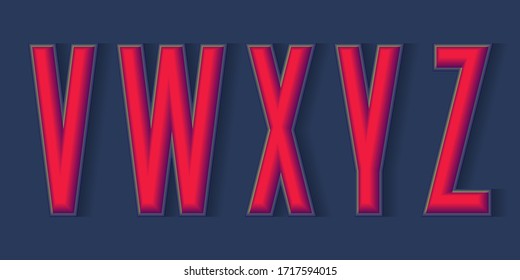 V, W, X, Y, Z red 3d letters with shadow. Volumetric display font.