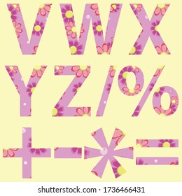 V W X Y Z alphabets and some basic mathematical symbols applied with colorful simple flowers
