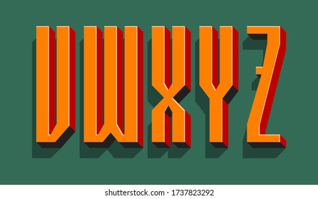 V, W, X, Y, Z orange red black 3d letters with shadow. Volumetric display font.