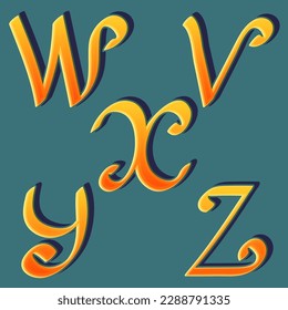 V, W, X, Y, Z calligraphic yellow orange letters. Cartoon artistic font.