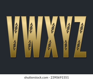 V, W, X, Y, Z vintage capital letters witn decor. Golden decorative font.