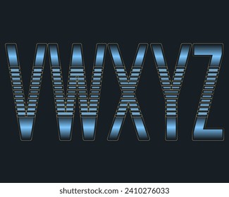 V, W, X, Y, Z blaue Großbuchstaben Design mit goldenem Hub. Dekorative Schriftart.