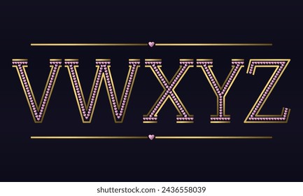 V, W, X, Y, Z golden capital letters with rose gold hearts inside. Decorative font in romantic style.