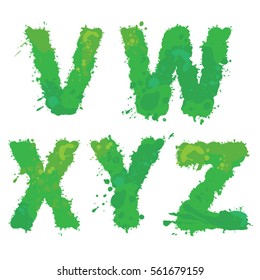 V, W, X, Y, Z, Handdrawn English Alphabet - Letters Are Made Of Green Watercolor, Ink Splatter, Paint Splash Font. Isolated On White Background.