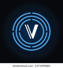 V white letter icon design with blue circles. Alphabet logo design. Corporate branding and lettering icon with simple design.