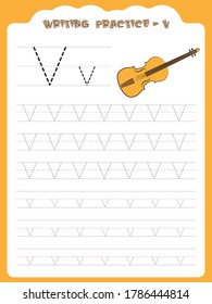 V writing practice for kids. Cartoon Illustration of violin. Preschool educational alphabet writing practice for kids. Writing book pages for kids. Uppercase and lowercase alphabet writing practice.