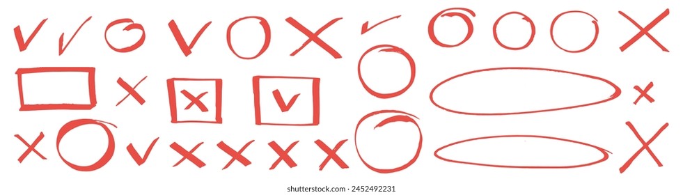 V and X marks tick boxes. Vector hand drawn doodle marker approval check marks, crosses, emphasis circles and ellipses. Red grungy infographic elements. Fast sketched ovals, squares and rectangles