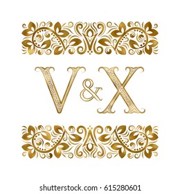 V and X vintage initials logo symbol. The letters are surrounded by ornamental elements. Wedding or business partners monogram in royal style.