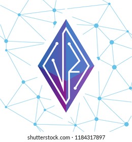 V Z Initial letter block chain logo icon vector template. Looping mono line circuit letter on rhombus cube logo