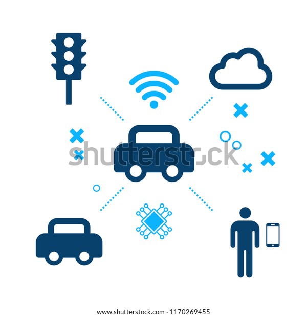V2X technology network,\
car artificial inteligence connection, infographics with vector\
icons.