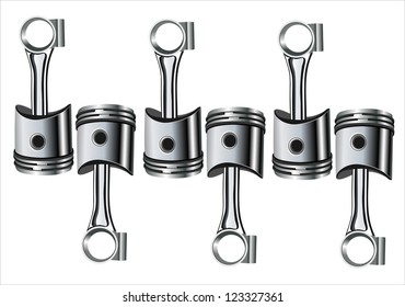 V6 engine pistons on a crankshaft, isolated on white background