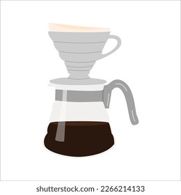 V60 glass pot with hot freshly brewed speciality coffee. Pour over craft coffee maker. Alternative coffee brewing methods. Hand drawn colored trendy minimalist isolated vector illustration.