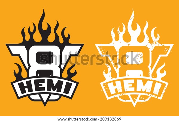 V8 engine emblem with flames and HEMI\
banner. Includes clean and grunge\
versions.