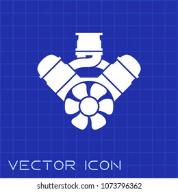 V8 engine flat icon vector on blue background.